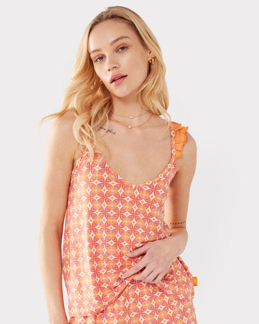 Jersey Orange & Pink Retro Tile Print Cami Short Pyjama Set
